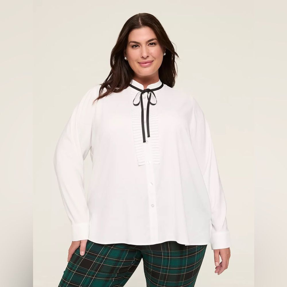 Lane Bryant Relaxed Ribbon Black Tie Button Down White Blouse Sz 12